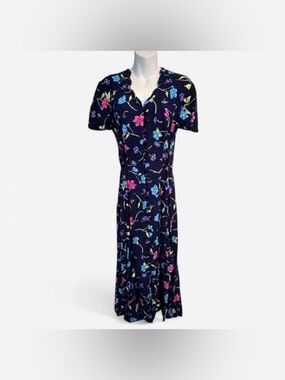 Jamie Brooke Navy Floral Maxi Dress, Button Up Front & Tie Waist, Size 6